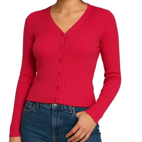 EXPRESS Rib Cotton Button Cardigan Pink Slim‎ Long Sleeve V Neck Women Large Y2K - Picture 1 of 12